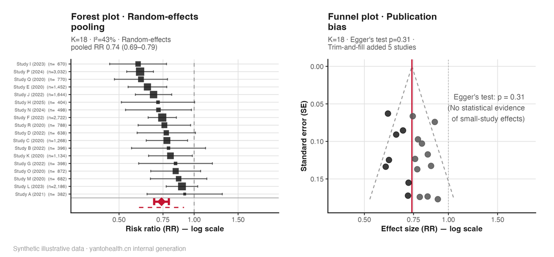 Illustrative forest and funnel plots: one effect estimate and confidence interval per study, with the pooled effect and symmetry check below.