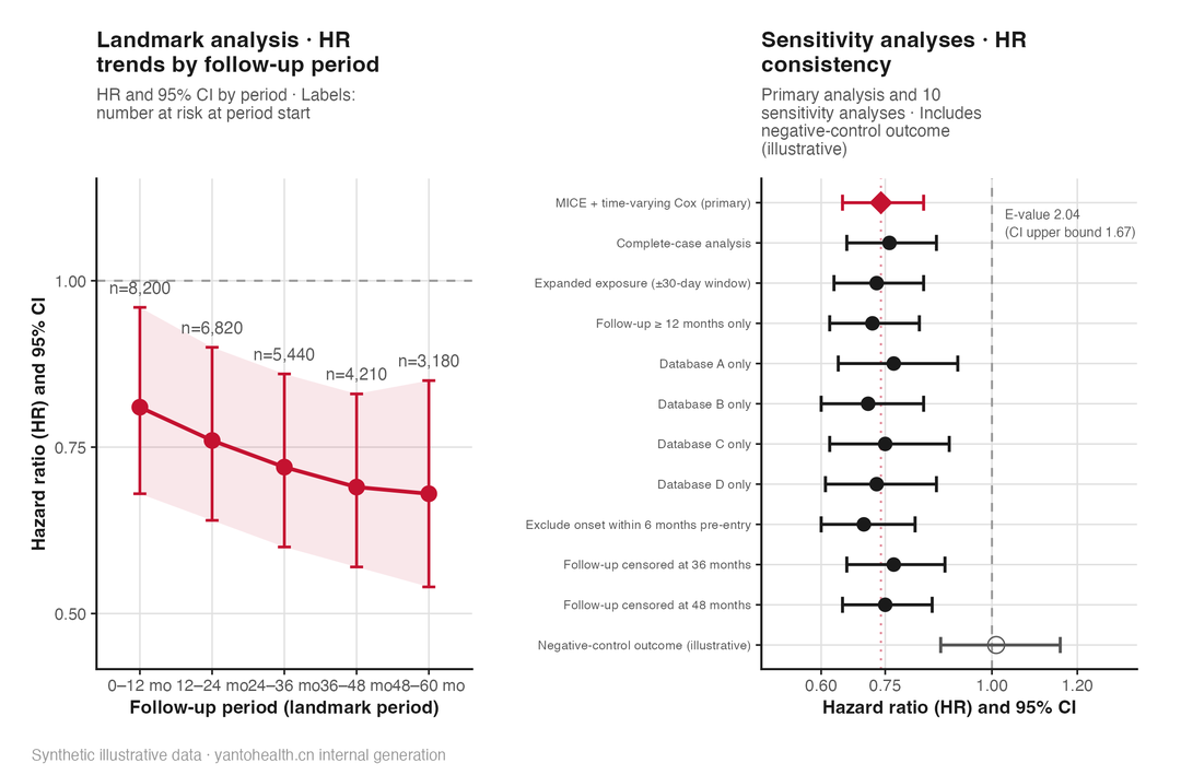 Illustrative landmark-stratified hazard ratio trends and a sensitivity analysis summary forest plot: hazard ratios over follow-up intervals on the left, and effect estimates from the main and sensitivity analyses on the right.